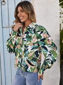 SHEIN Áo sơ mi Bản in nhiệt đới Nút Thông qua - Nhiều màu - Xem 3