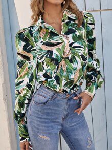 SHEIN Áo sơ mi Bản in nhiệt đới Nút Thông qua - Nhiều màu - Xem 5