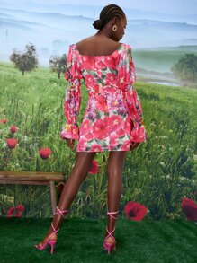 SHEINNeu Floral Print Shirred Detail Flounce Sleeve Dress - Multicolor - View 2