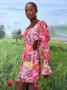 SHEINNeu Floral Print Shirred Detail Flounce Sleeve Dress - Multicolor - View 4