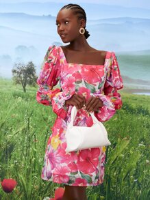 SHEINNeu Floral Print Shirred Detail Flounce Sleeve Dress - Multicolor - View 5