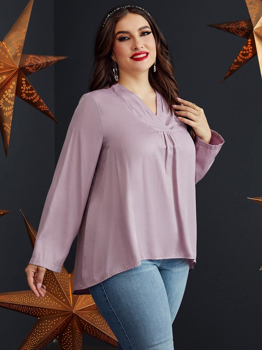 SHEIN Unity Áo sơ mi Plus Size Cao thấp màu trơn Giải trí - Bụi tím - Xem 1