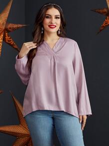 SHEIN Unity Áo sơ mi Plus Size Cao thấp màu trơn Giải trí - Bụi tím - Xem 3