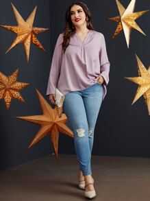 SHEIN Unity Áo sơ mi Plus Size Cao thấp màu trơn Giải trí - Bụi tím - Xem 5