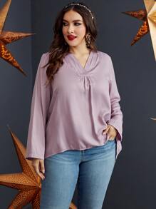 SHEIN Unity Áo sơ mi Plus Size Cao thấp màu trơn Giải trí - Bụi tím - Xem 6