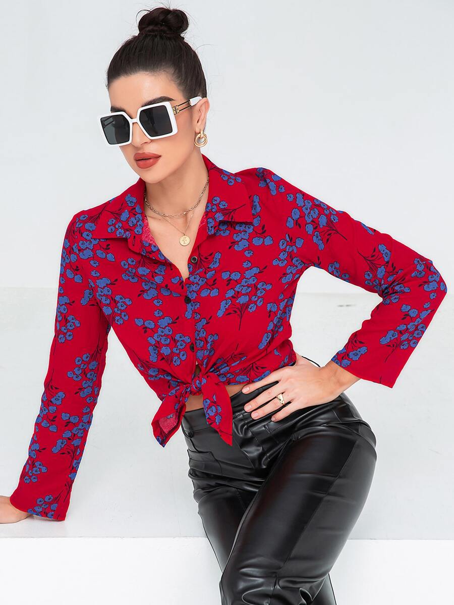 SHEIN LUNE Camisa con estampado floral con botón delantero - Rojo - Ver 1