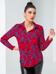 SHEIN LUNE Camisa con estampado floral con botón delantero - Rojo - Ver 3