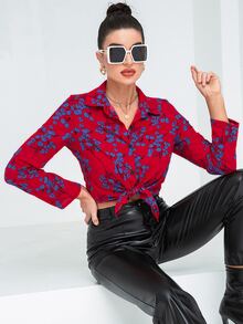 SHEIN LUNE Camisa con estampado floral con botón delantero - Rojo - Ver 4
