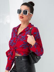 SHEIN LUNE Camisa con estampado floral con botón delantero - Rojo - Ver 5