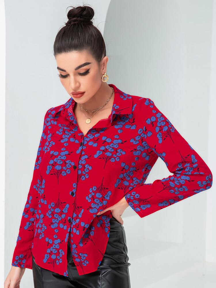SHEIN LUNE Floral Print Button Front Shirt - Red - View 6