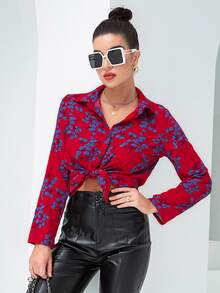 SHEIN LUNE Camisa con estampado floral con botón delantero - Rojo - Ver 7