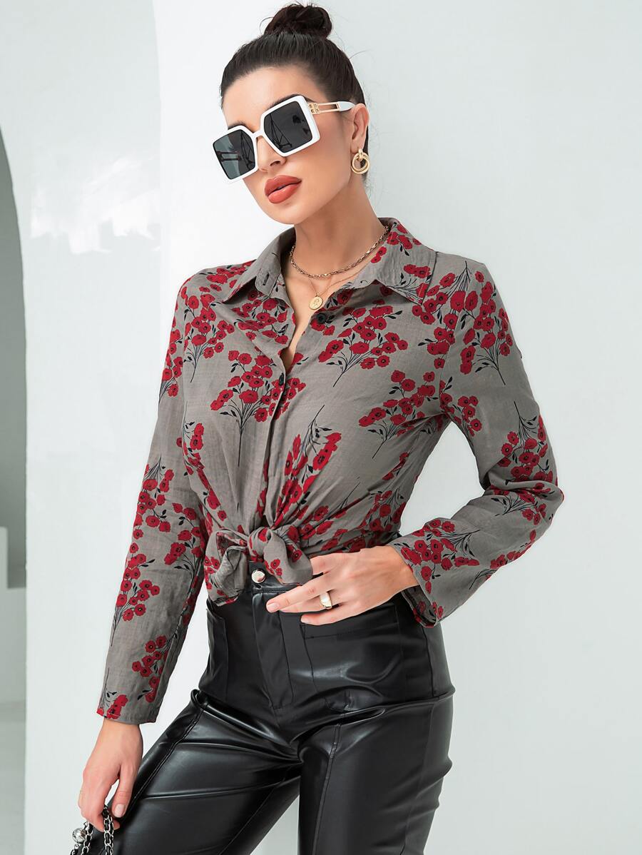 SHEIN LUNE Camisa con estampado floral con botón delantero - Multicolor - Ver 1