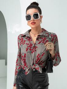 SHEIN LUNE Camisa con estampado floral con botón delantero - Multicolor - Ver 4