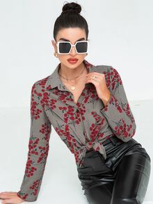 SHEIN LUNE Camisa con estampado floral con botón delantero - Multicolor - Ver 5