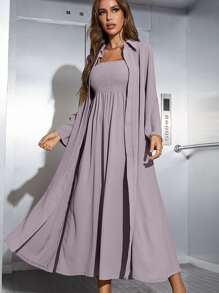 Mulvari Shirred Cami Dress & Open Front Coat Abayas - Dusty Purple - View 1