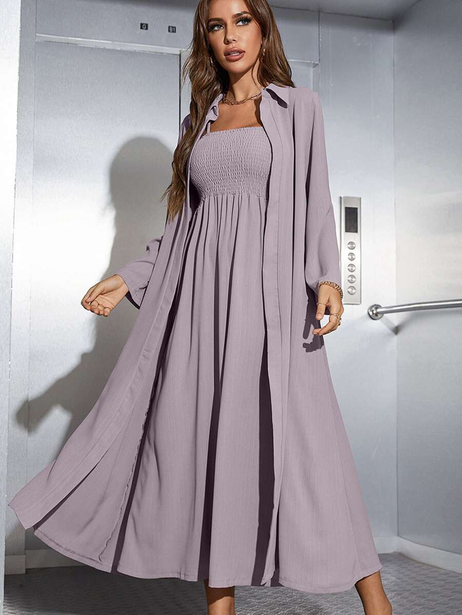 Mulvari Shirred Cami Dress & Open Front Coat Abayas - Dusty Purple - View 1