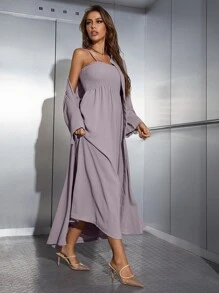 Mulvari Shirred Cami Dress & Open Front Coat Abayas - Dusty Purple - View 3