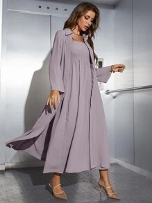 Mulvari Shirred Cami Dress & Open Front Coat Abayas - Dusty Purple - View 4
