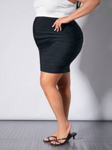 SHEIN Maternidad Talla grande Falda ajustada unicolor fruncido - Negro - Ver 4