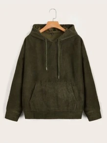 SHEIN 抽繩細節小袋口袋燈芯絨連帽衫 - 軍綠色 - 查看 1