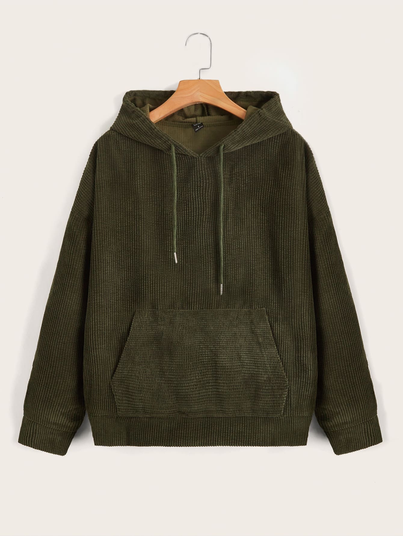 SHEIN 抽繩細節小袋口袋燈芯絨連帽衫 - 軍綠色 - 查看 1