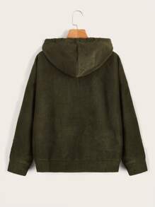 SHEIN 抽繩細節小袋口袋燈芯絨連帽衫 - 軍綠色 - 查看 2