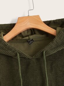 SHEIN 抽繩細節小袋口袋燈芯絨連帽衫 - 軍綠色 - 查看 3