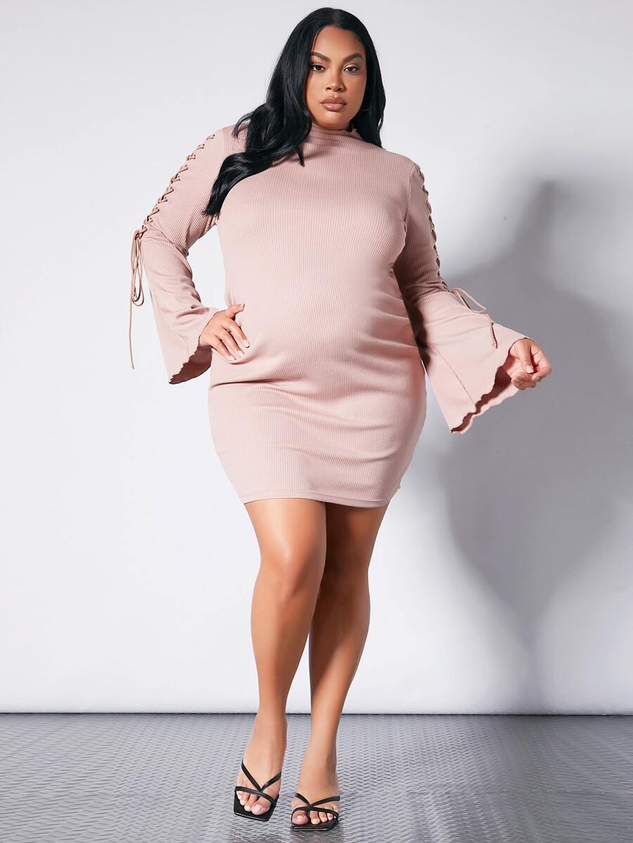 SHEIN Maternity Plus Ribbed Knit Lace Up Flounce Sleeve Bodycon Dress - Baby Pink - View 1
