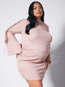 SHEIN Maternity Plus Ribbed Knit Lace Up Flounce Sleeve Bodycon Dress - Baby Pink - View 3