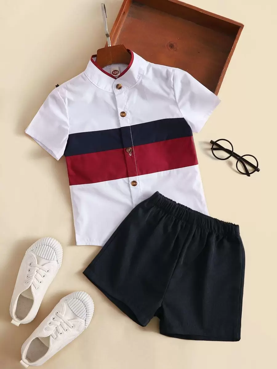 SHEIN Two-piece Outfits Balita Laki-laki Tombol Depan Blok Warna Casual - MultiWarna - View 1