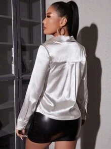 SHEIN PETITE Button Front Satin Shirt