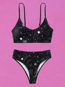 Swim EVENT Galaxy Print High Waisted Bikini For Summer Beach Vacation - Black - View 1