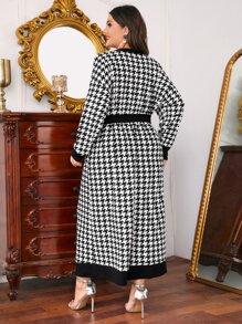 Mulvari 大碼拼接邊紐扣開襟自綁腰帶千鳥格連衣裙 - 黑與白 - 查看 3