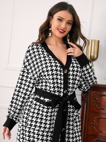 Mulvari 大碼拼接邊紐扣開襟自綁腰帶千鳥格連衣裙 - 黑與白 - 查看 4