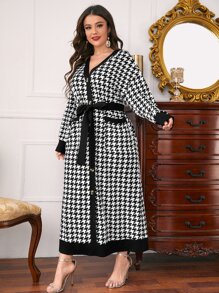 Mulvari 大碼拼接邊紐扣開襟自綁腰帶千鳥格連衣裙 - 黑與白 - 查看 5