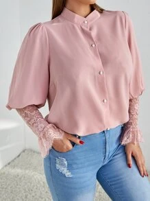 大碼拼接睫毛蕾絲羊腿袖襯衫 - 淺粉色 - 查看 1