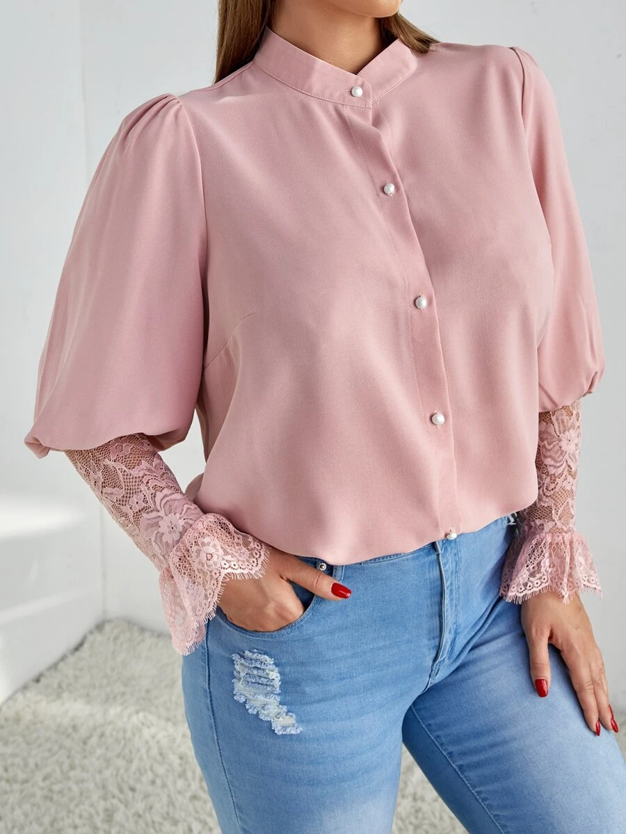 大碼拼接睫毛蕾絲羊腿袖襯衫 - 淺粉色 - 查看 1