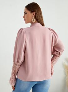 大碼拼接睫毛蕾絲羊腿袖襯衫 - 淺粉色 - 查看 2