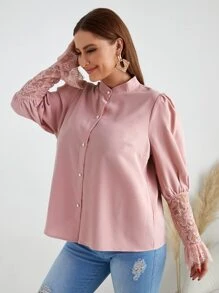 大碼拼接睫毛蕾絲羊腿袖襯衫 - 淺粉色 - 查看 3