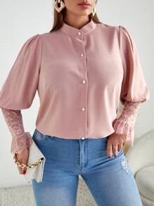 大碼拼接睫毛蕾絲羊腿袖襯衫 - 淺粉色 - 查看 4