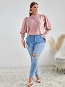 大碼拼接睫毛蕾絲羊腿袖襯衫 - 淺粉色 - 查看 5