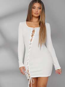 Đầm Cắt ra Ren lên Thùa khuyết Gân đan màu trơn Gợi cảm - trắng - Xem 1