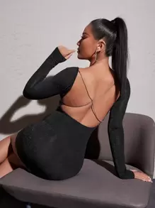 SHEIN PETITE Chain Detail Criss Cross Backless Glitter Bodycon Dress - Black - View 1