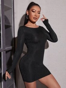 SHEIN PETITE Chain Detail Criss Cross Backless Glitter Bodycon Dress - Black - View 2