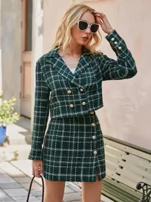 Simplee 西裝領雙排釦格紋花呢外套 - 墨綠色 - 查看 1