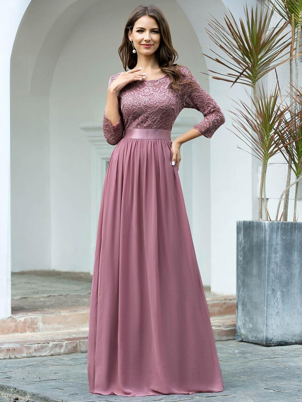 EVERPRETTY V-Back Lace Bodice Chiffon Bridesmaid Dress Elegant Dress