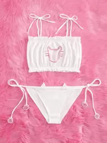 ROMWE Kawaii Cat Cut Out Frill Trim Costume Set Lingerie - White - View 1