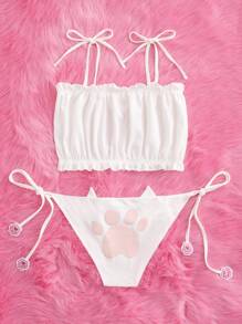 ROMWE Kawaii Cat Cut Out Frill Trim Costume Set Lingerie - White - View 2