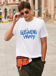 Hombres Camiseta con estampado de letra de cuello redondo - Blanco - Ver 5