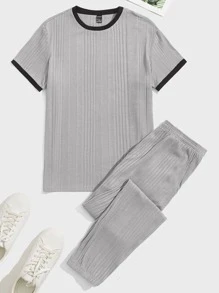 SHEIN Hombres Conjunto de pijama pantalones con top unido en contraste tejido de canalé - Gris Claro - Ver 1